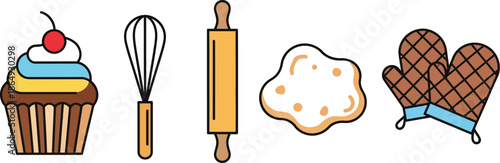 Collection of colorful baking tools and ingredients for making delicious treats