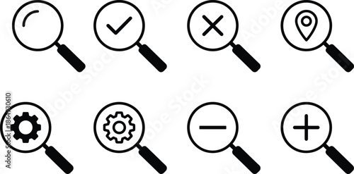Magnifying glass icon set, search symbols collection, zoom interface elements, find analyze inspect signs, web app UI design, outline vector illustration isolated white background