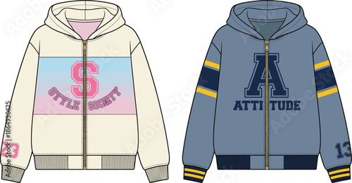 Men hoodie jacket flat vector design, front back view, zipper sweatshirt mockup, urban streetwear apparel illustration, fashion clothing template, sports varsity style graphic branding