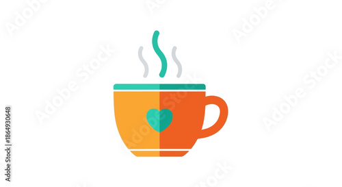 Cozy cup of hot beverage with steam rising, featuring a heart design for warmth and comfort.