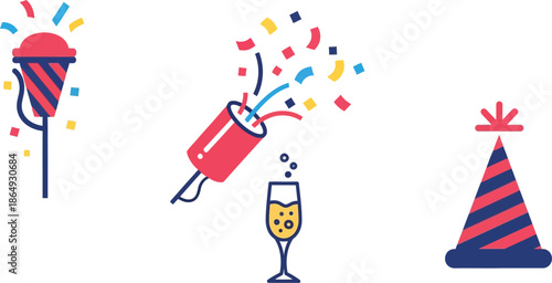 Festive celebration elements including a party popper, champagne glass, and party hat with confetti.