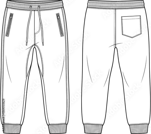 Men jogger pants technical fashion flat, front and back view, apparel design template, sportswear trousers outline, vector clothing illustration, casual sweatpants sketch