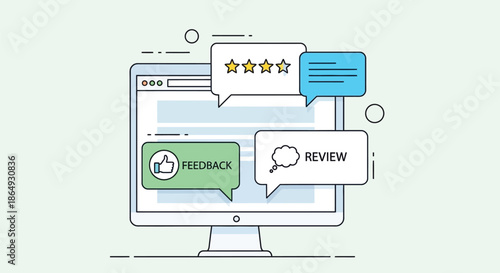 Customer feedback and online reviews displayed on a computer screen with speech bubbles