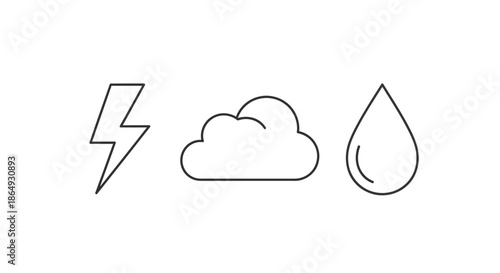 Simple outline icons representing weather elements: lightning, cloud, and rain drop.