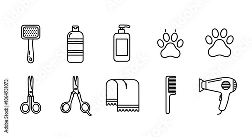 Collection of essential grooming tools and supplies for pet care