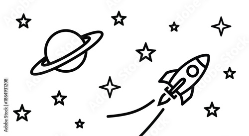 Whimsical rocket ship travels through starry galaxy past a ringed planet.