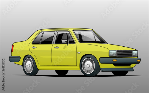 Yellow classic sedan car in side perspective view with clean detailed vector style, suitable for retro automotive themes, transportation concepts, editorial and design projects, scalable vector format