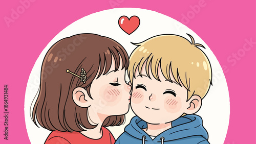 Cute Romantic Couple Cheek Kiss With Heart Love Illustration