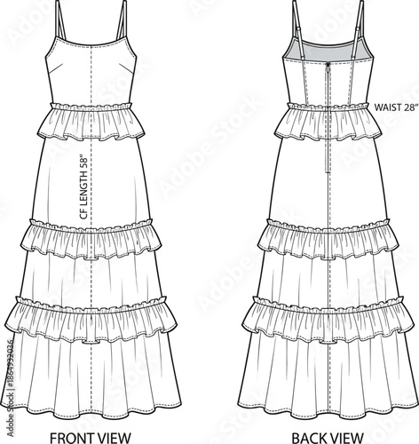 Technical fashion illustration of sleeveless ruffled maxi dress, front and back view garment flat sketch, women summer dress design blueprint vector drawing