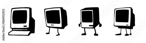 Vintage Macintosh computers with anthropomorphic legs and arms, 80s