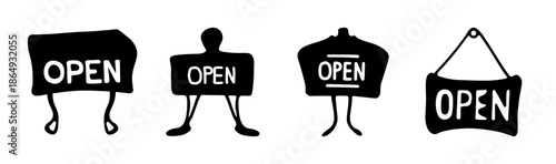 Collection of 'OPEN' signs in various styles with legs