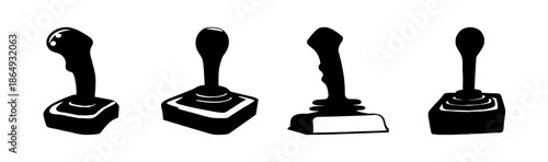 Collection of four retro video game joysticks in silhouette style.