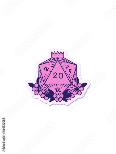 sales flash animation of sticker of a natural 20 D20 dice roll with floral elements