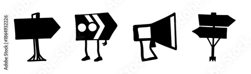 Directional signs and megaphone icons in a playful, hand-drawn style