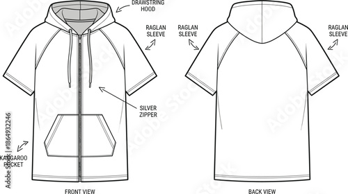 Technical hoodie fashion flat sketch, short sleeve zip up hoodie design, front and back view apparel illustration, garment blueprint, vector clothing template