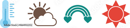 Weather icons set showing temperature thermometer, partly cloudy sun, rainbow with hearts, bright sun symbol, flat design, climate forecast illustration, modern colorful vector graphics