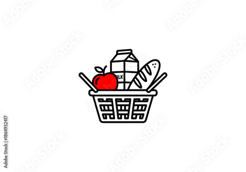 Vector Minimalist black outline shopping basket icon with vibrant red apple, milk carton, and baguette.