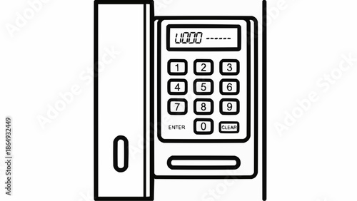 Illustration of a calculator device with keypad and display screen shown from a straight-on viewpoint