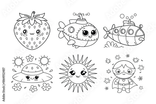 Cute Kawaii Fruits Submarine Sun Hat Superhero Coloring Pages Set Vector Illustration