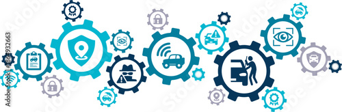 Vehicle theft prevention vector illustration. Concept with icons related to car security technology; anti burglary measures like alarm, surveillance, sensors, location tracking, access protection.