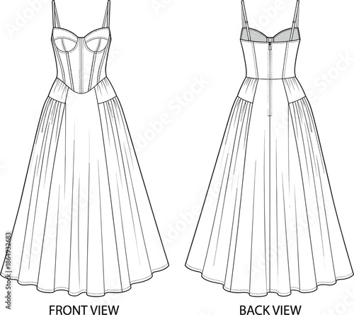 Women evening gown technical drawing, elegant long dress fashion sketch, front and back view, sleeveless formal wear vector illustration design