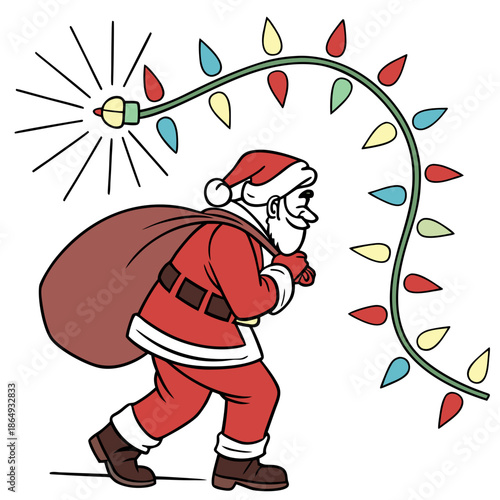 Santa Claus walking with Christmas lights and a sack