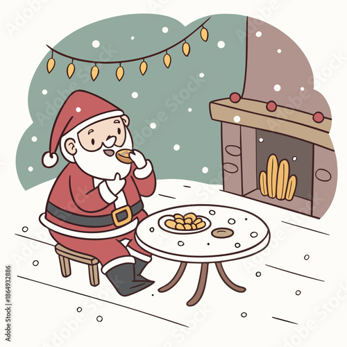 Santa Claus eating cookies by fireplace Christmas holiday