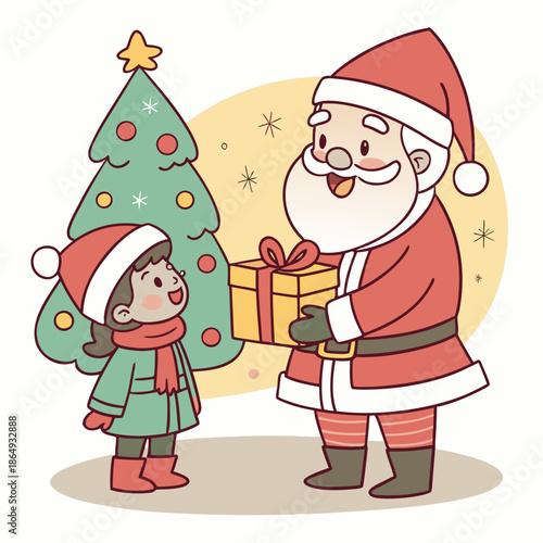 Santa Claus giving a gift to a little girl in front of a Christmas tree