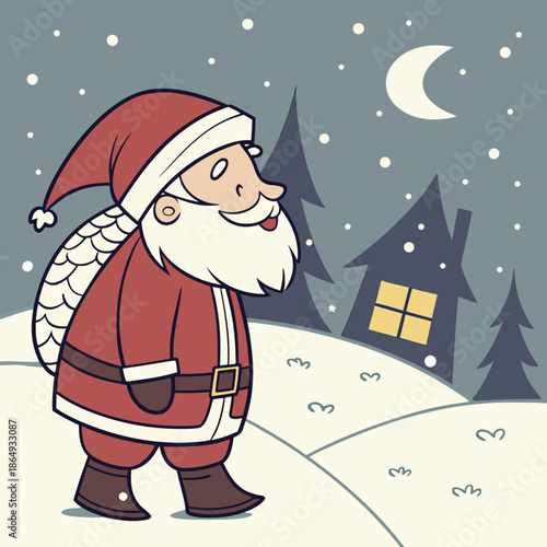 Santa Claus standing in snowy landscape with house and trees