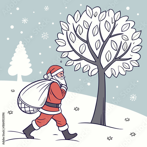 Santa Claus walking in snowy landscape with tree winter