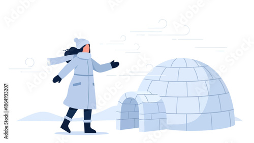 Wintery Scene Of A Woman Standing Near Her Igloo On A Snowy Day