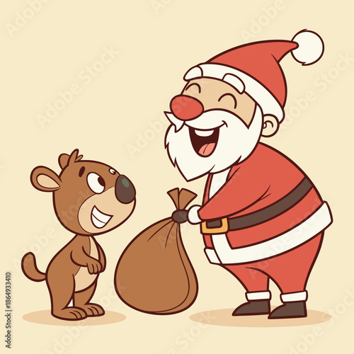 Santa Claus and dog with gift bag cartoon Christmas