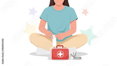 Woman Applying Bandage For A Minor Injury Using First Aid Kit And Multitool