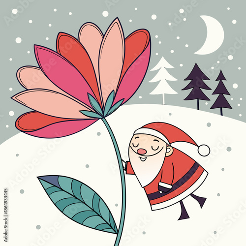 Santa Claus smelling a flower in snowy landscape winter