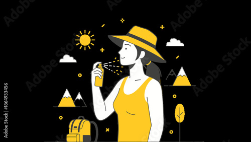 Woman Applies Sunscreen Spray For Vacation Outdoor Sun Protection Concept Art