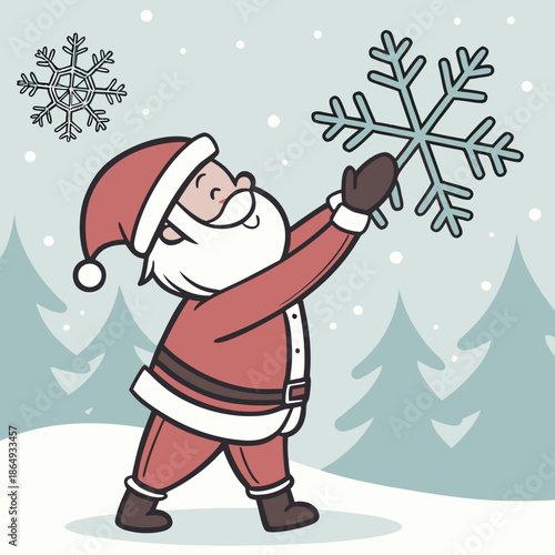 Santa Claus holding large snowflake in winter scene