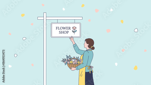 Woman Arranging Sign At The Entrance Of A Charming And Whimsical Flower Shop