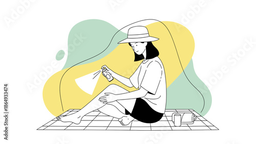 Woman Applying Sunscreen On A Picnic Blanket For Protection Outdoors Minimalist Vector