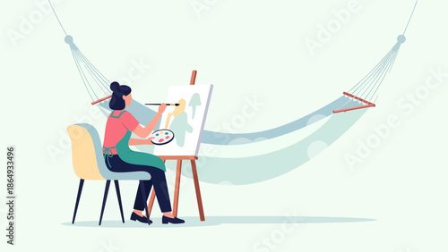 Woman Artist Painting At Easel With Hammock Creative Hobby Illustration