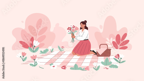 Woman Arranging Flowers During A Charming Picnic In A Stylized Pink Landscape