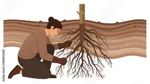 Woman Carefully Inspecting The Roots of A Young Tree Planting Process Concept