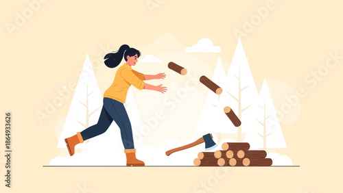 Woman Catching Woods With Ax And Lumberjack In Pine Forest Landscape