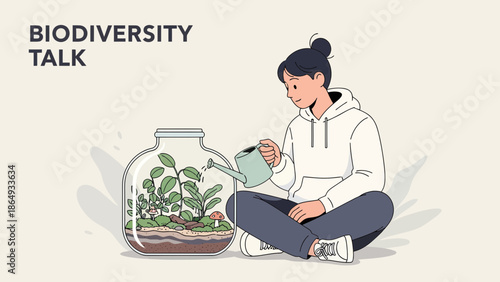 Woman Caring For Mini Ecosystem Inside Glass Jar Promoting Biodiversity