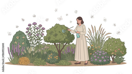 Woman Caring For Her Flowers And Trees In A Serene Picturesque Garden