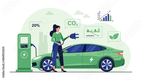 Woman Charging Electric Car Shows Eco Friendly Lifestyle And Reducing Carbon Footprint