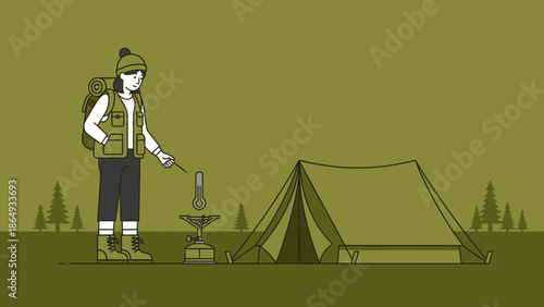 Woman Checking Temperature With Tent And Stove For Adventure Outdoor Recreation