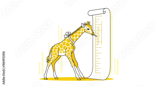Adorable Giraffe Measuring Height On Oversized Scroll Cartoon Illustration