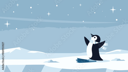 Adorable Penguin Gazing At The Winter Stars In A Minimalist Polar Landscape