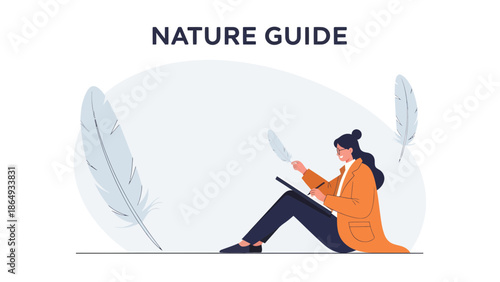 Woman Creating Nature Guide With Feather And Tablet Drawing Peaceful Illustration