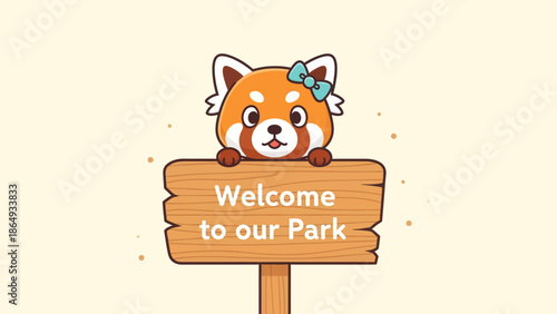 Adorable Red Panda Welcoming Visitors With Signboard In Colorful Background